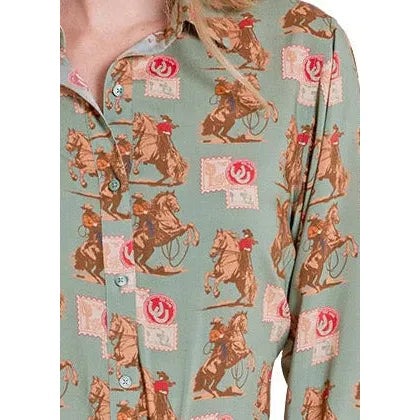 Panhandle Women's Vintage Stamp Print Long Sleeve Shirt/Blouse - Jade