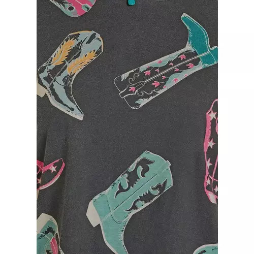 Rock & Roll Women's Boot Print Short Sleeve Tee Shirt - Black
