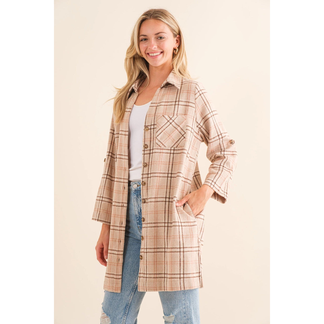 Cozy Co Plaid Button Up Shacket Dress with Roll Up Sleeve Detail