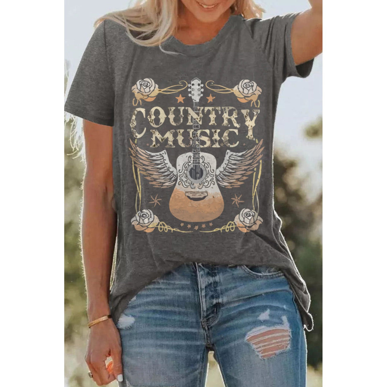 Dear Lover Women's Country Music Guitar Graphic Print Crew Neck T-Shirt - Grey