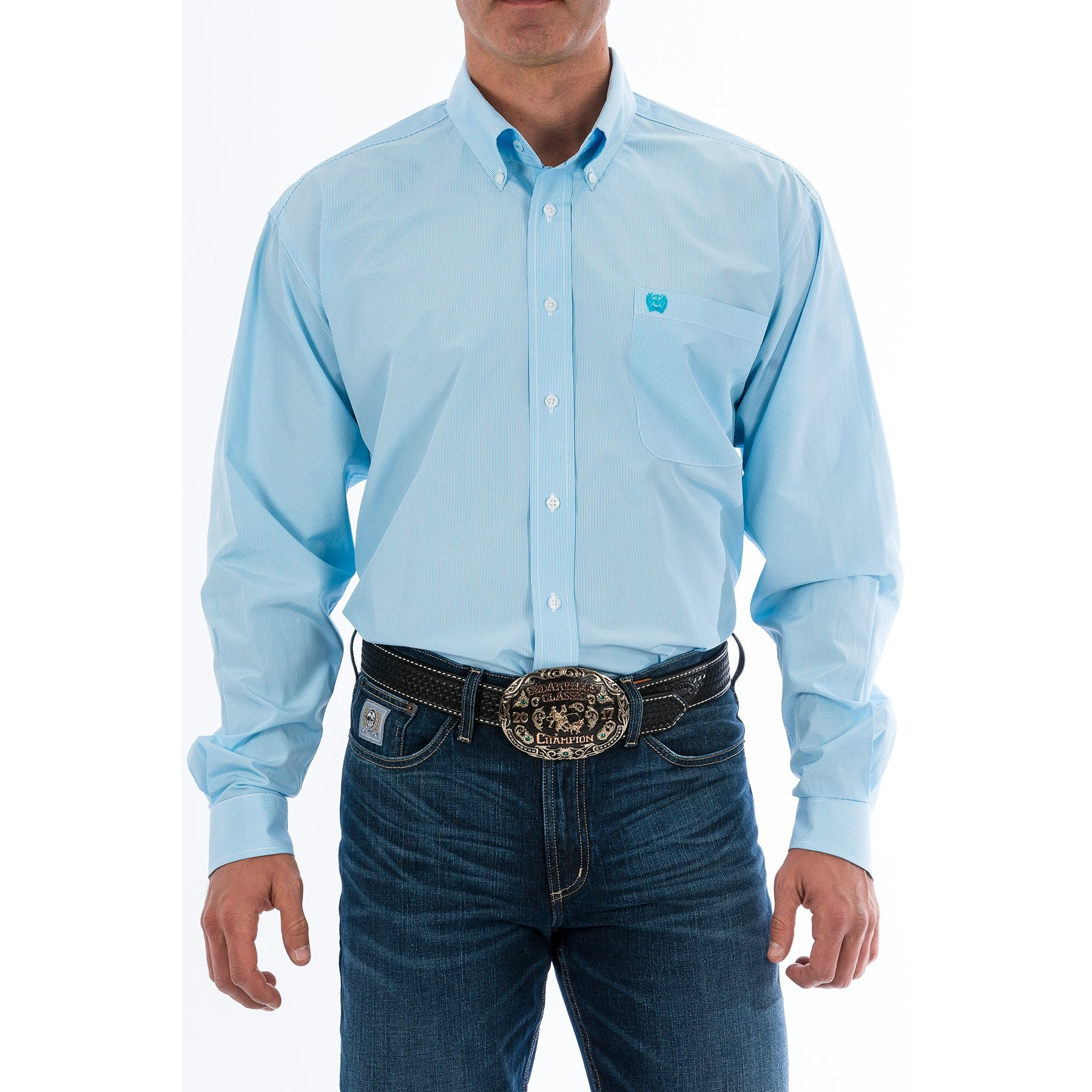 Cinch Men's Classic Fit Micro-Stripe Button-Down Long Sleeve Shirt Light Blue