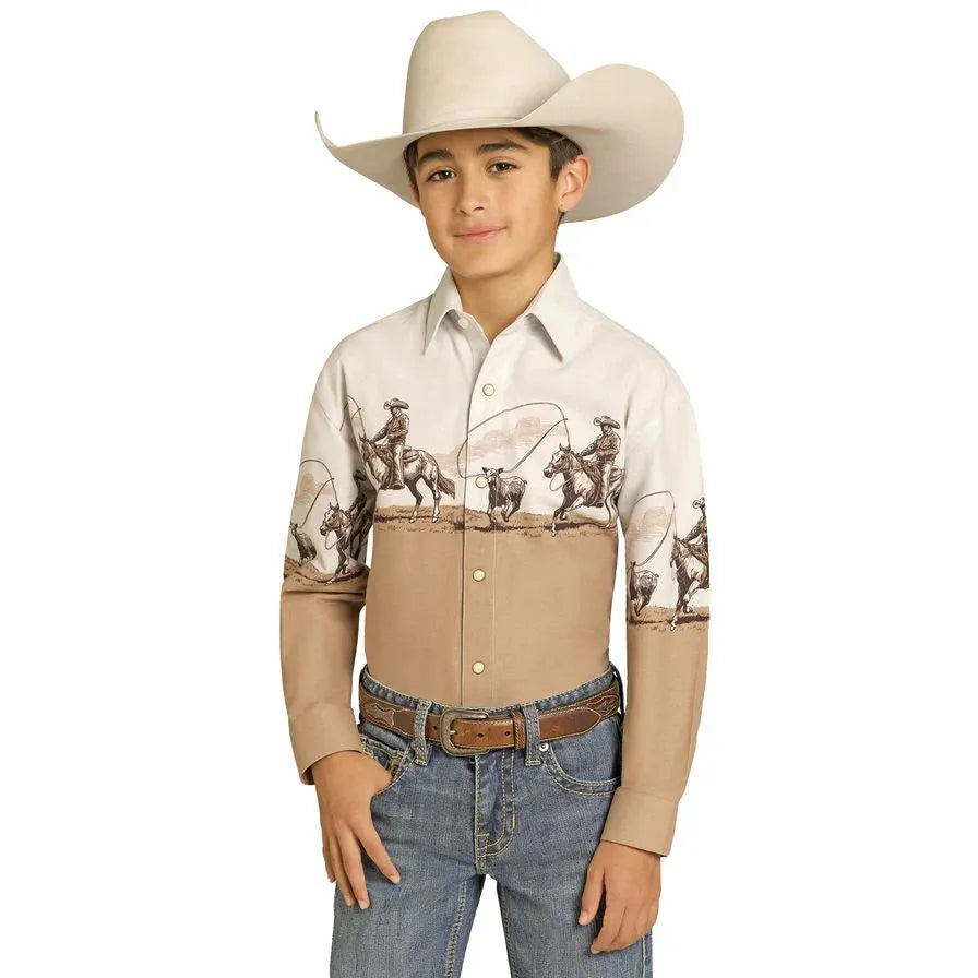 Panhandle Boy's Long Sleeve Shirt -Multi/Tan