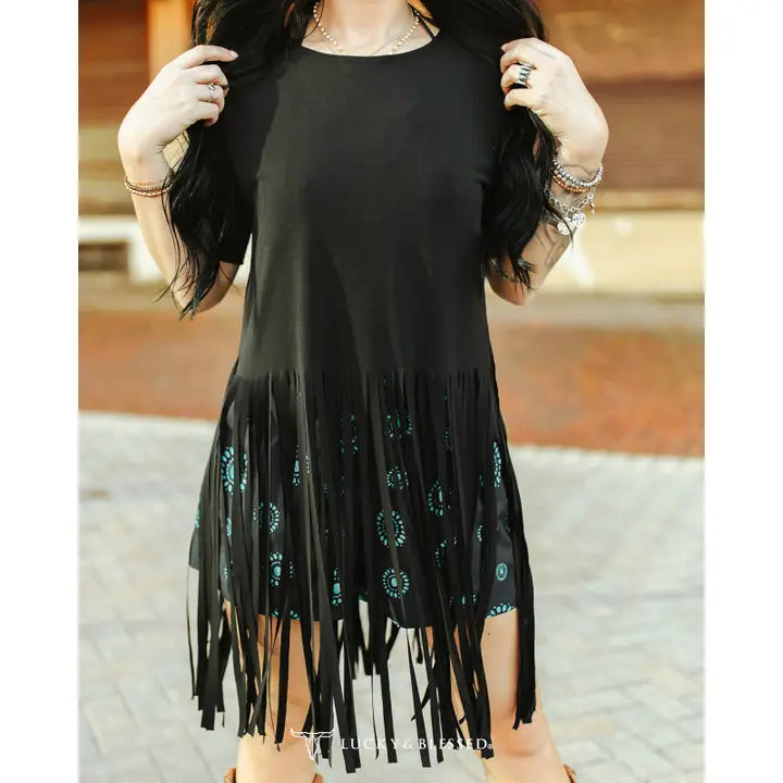Lucky & Blessed Women's Fringe Hem Short Sleeve Top- Black