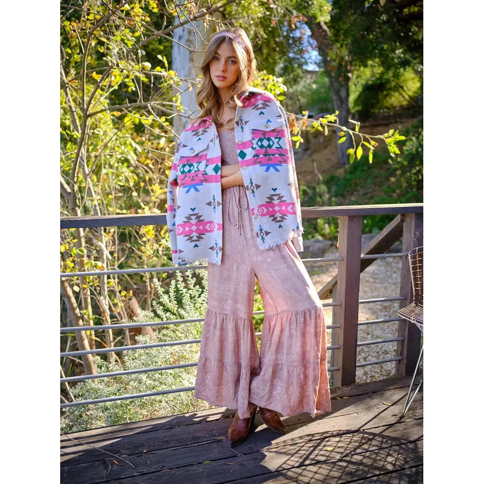 Blue B Jacquard Aztec Western Shirt Jacket - Pink