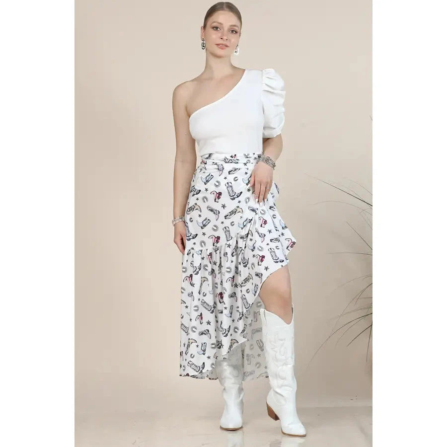 Nylon Apparel Women's Western Cowboy Boots Print Wrap Skirt - White/Multi