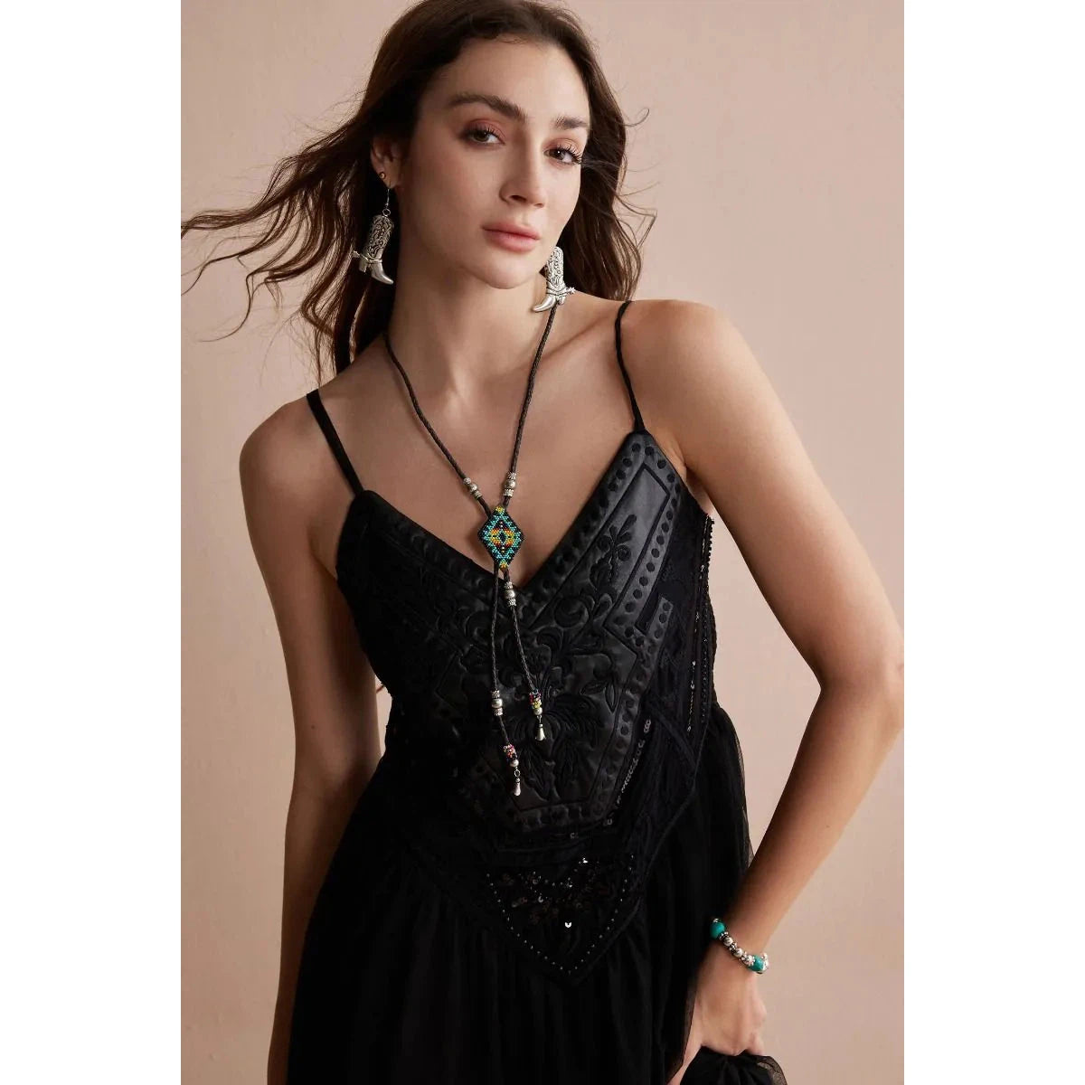 Myra Women's Bohera Janet Elaine Embroidered Leather Tier Dress - Black