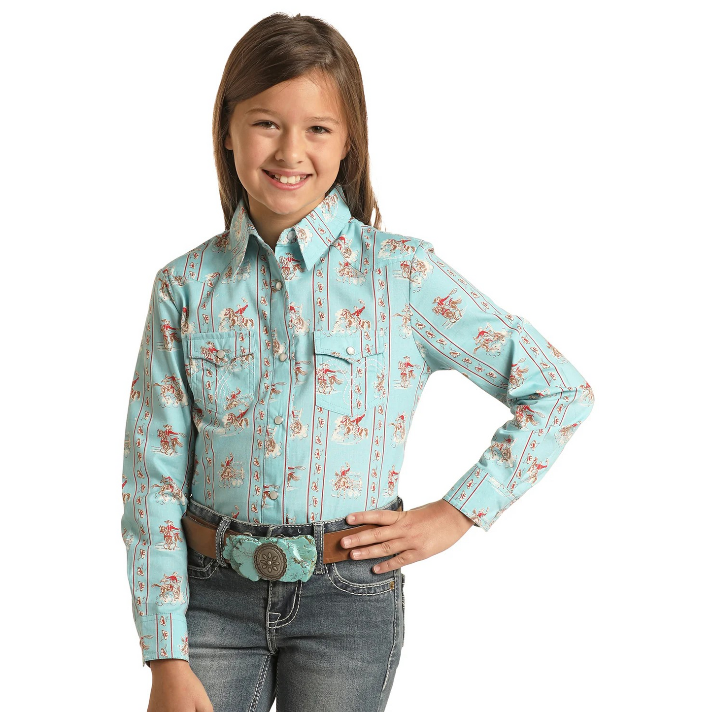 White Label Girl's Long Sleeve Print Snap Shirt - Teal