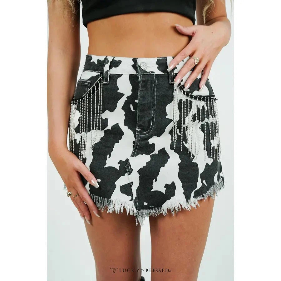 Lucky & Blessed Women's Tummy Control Cow Denim Rhinestone Fringe Skirt - Black/White