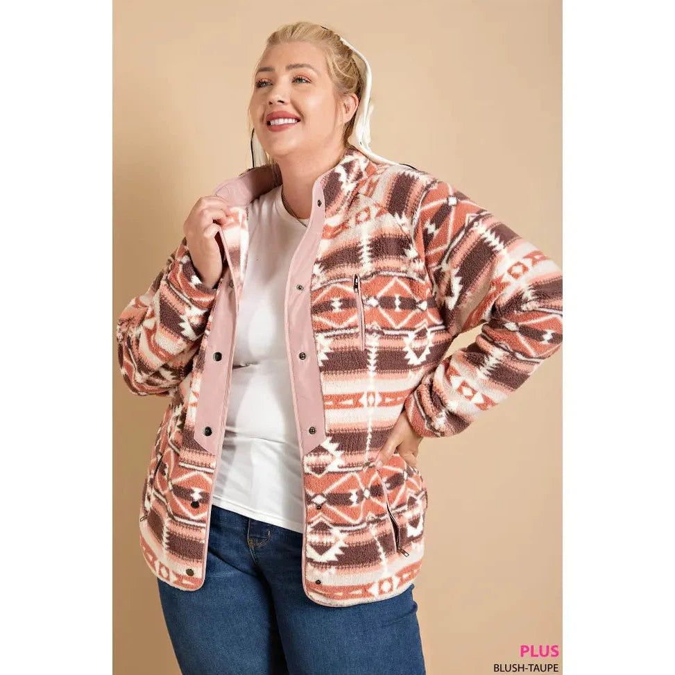 Kori Women's Cozy Aztec Print Fleece Jacket - Blush/Taupe