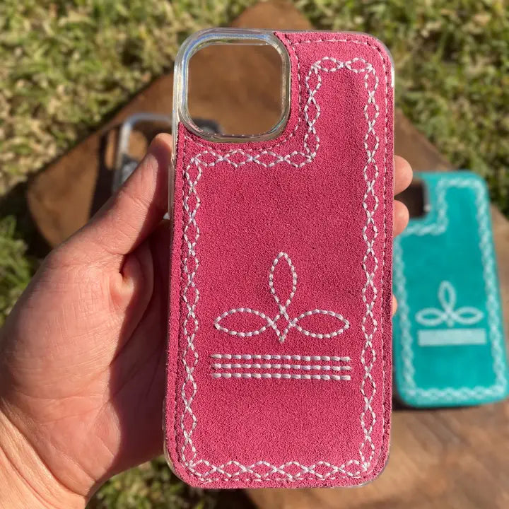 Western Linens Pink Suede Leather Phone Case- Pink 16 Pro