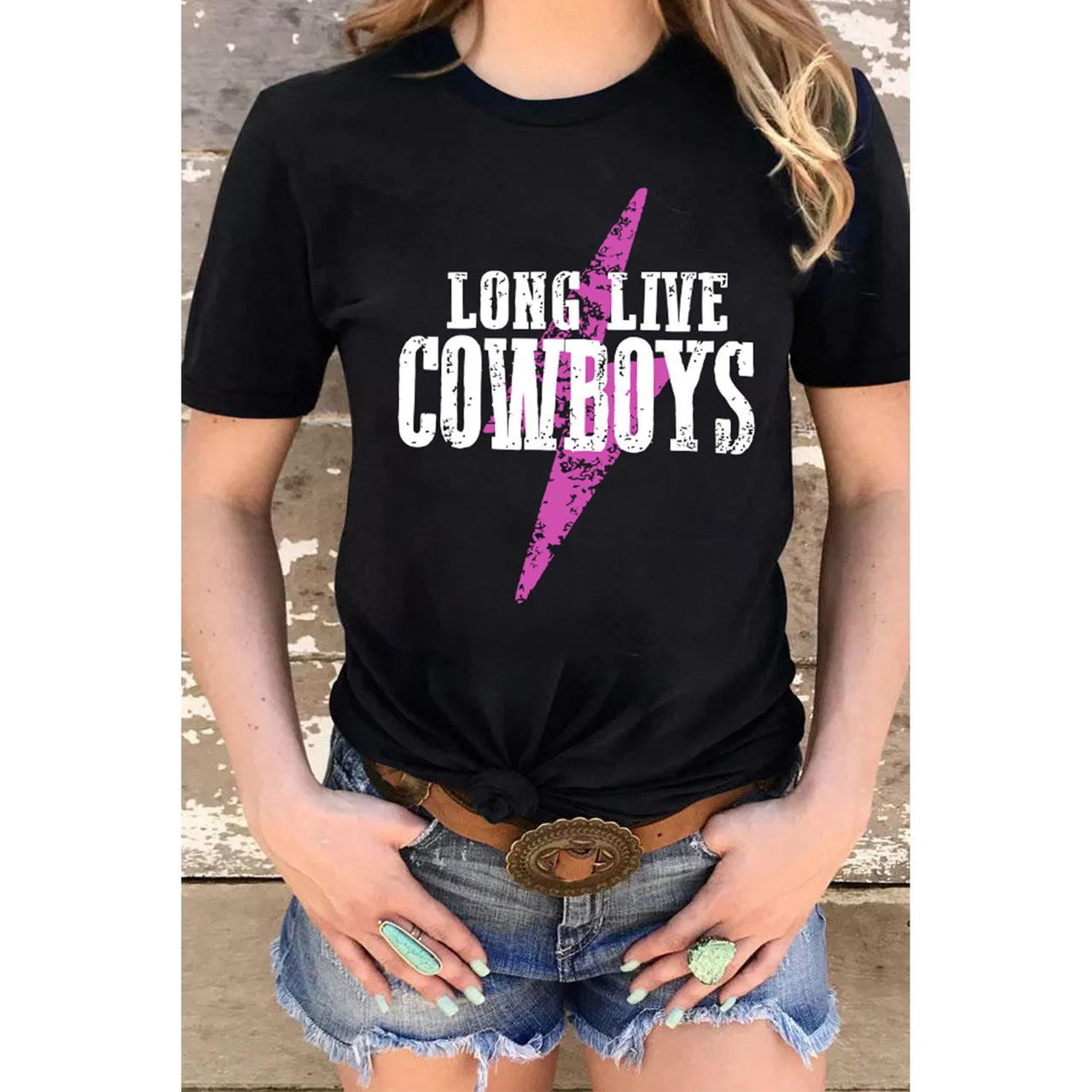 Dear Lover Women's Long Live Cowboys Bolt Graphic Tee - Black