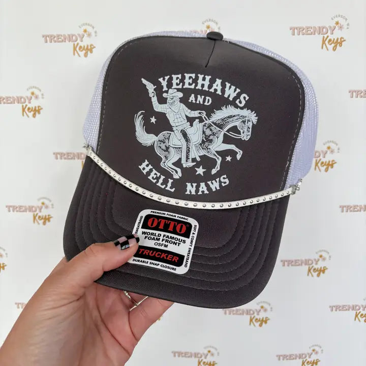 TrendyKeys Yeehaws and Hell Naws Graphic Trucker Cap- Brown