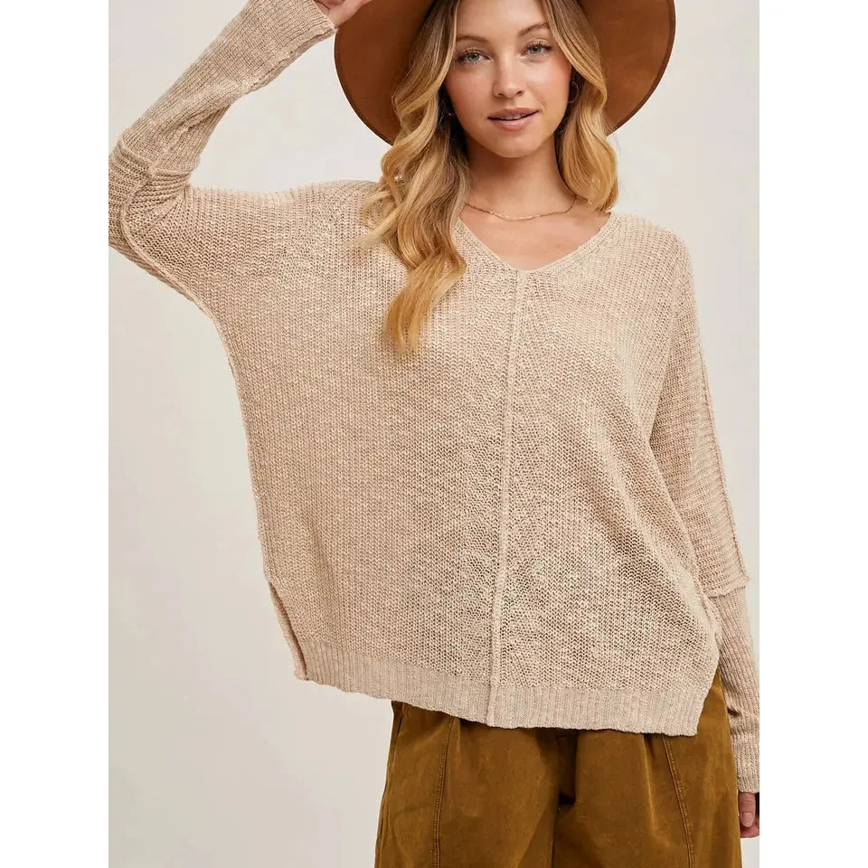 Bluivy Women's Long Sleeve Sheer Loosefit V Neck Knit Sweater-Oatmeal