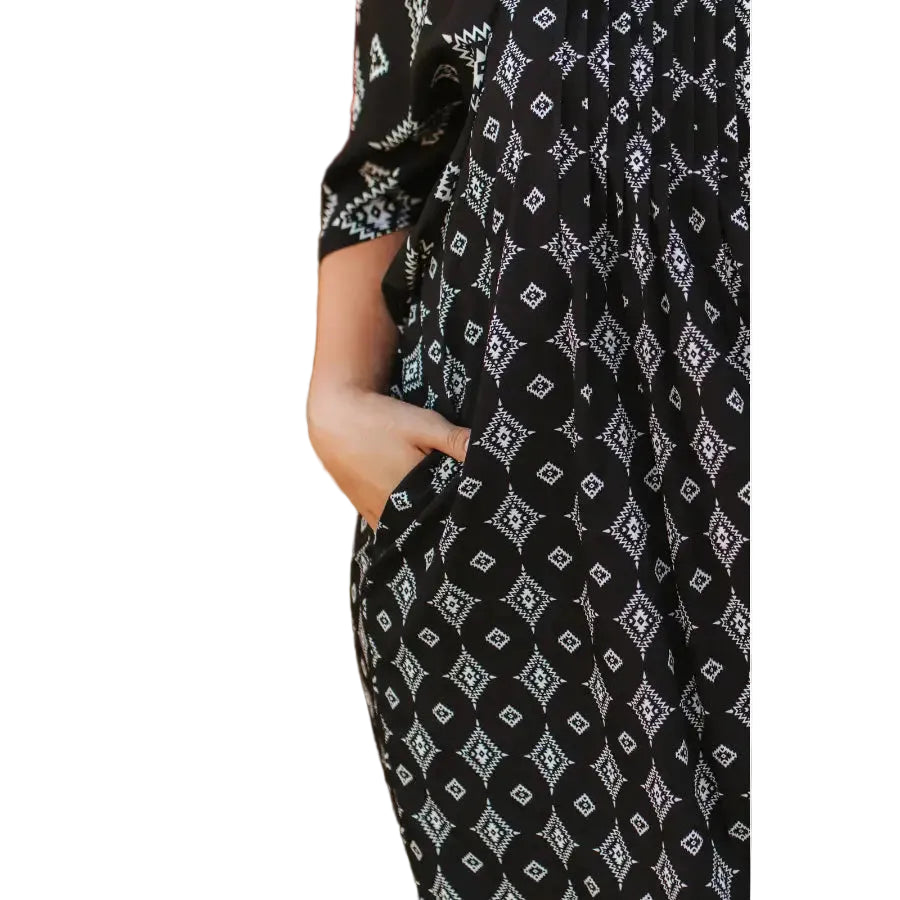 Lucky & Blessed Women's Flutter Sleeve Aztec Square Neckline Dress - Black