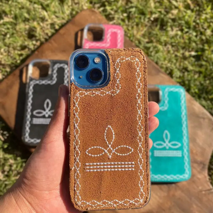 Western Linens Pink Suede Leather Phone Case- Tan 16 Pro