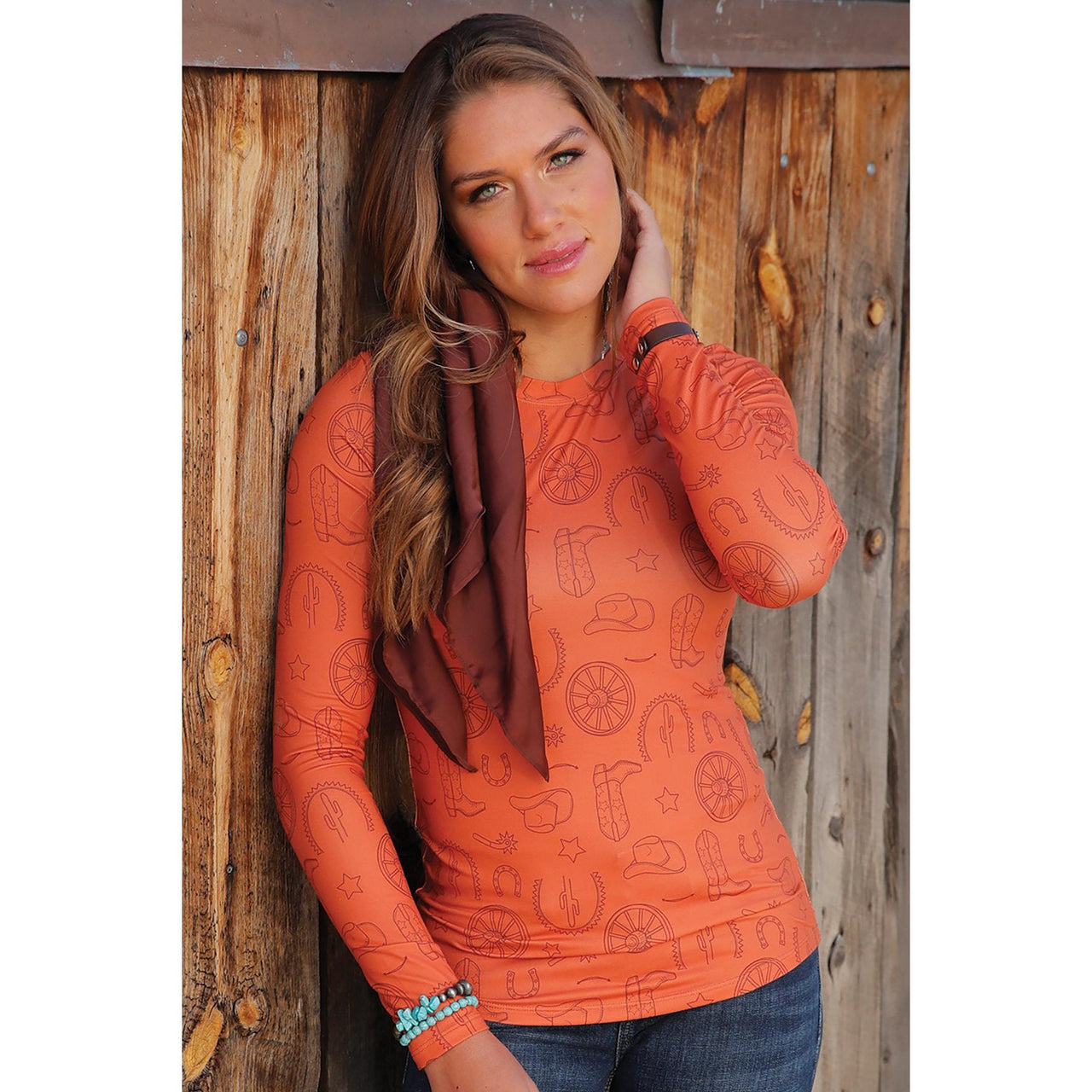 Cruel Women's Western Graphic Long Sleeve Tee Shirt- Copper