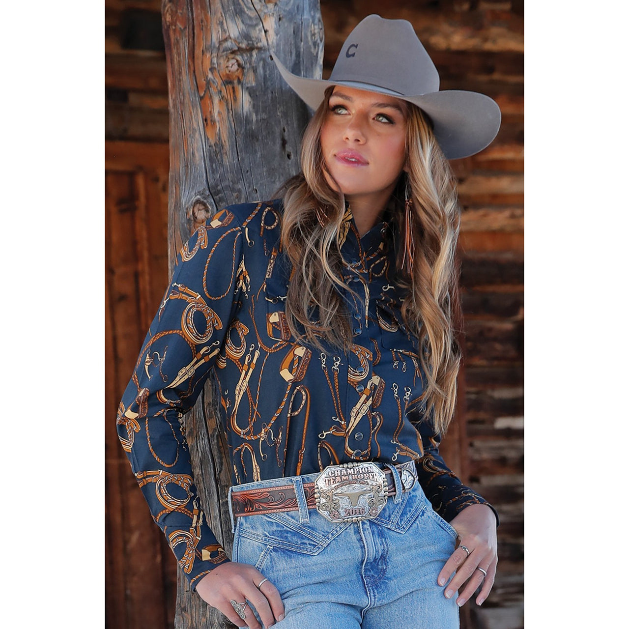 Cruel Women's Western Print Long Sleeve Button Down Shirt - Navy