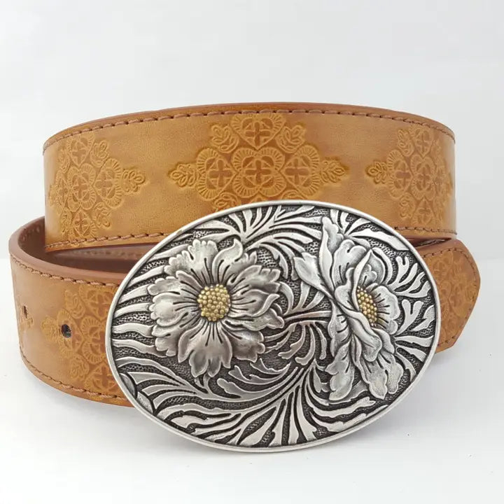 Axesoria West Women's Western Sunflower Buckle with Vintage Floral Tooled Belt-Tan