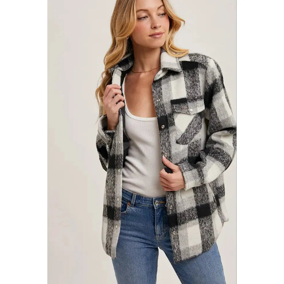Bluivy Women's Long Sleeve Button Down Plaid Shacket- Black