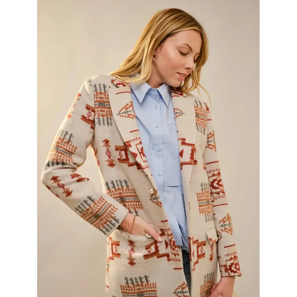 Blue B Women's Aztec Jacquard Jewel Button Blazer- Multiple Colours