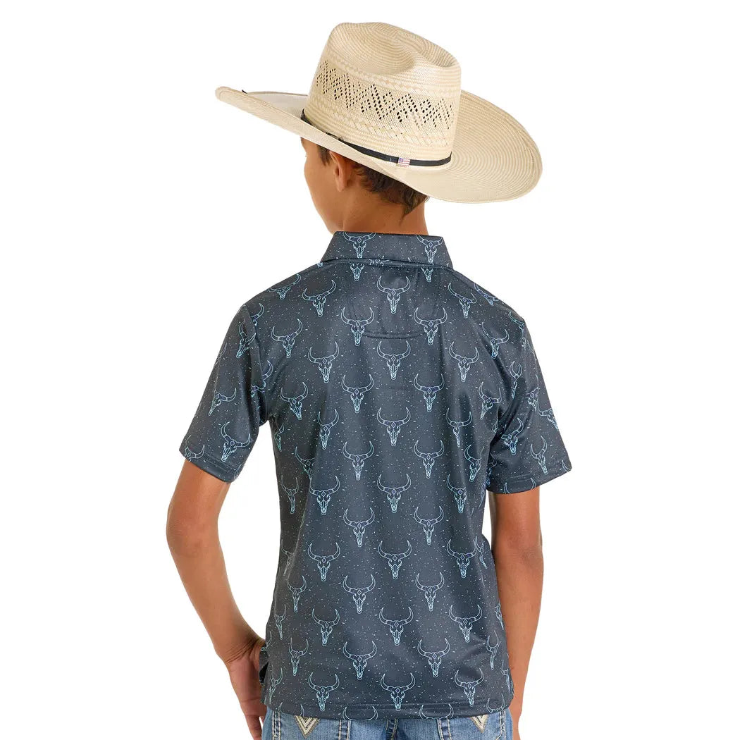 Rock & Roll Boy's Short Sleeve Border Longhorn Polo- Black