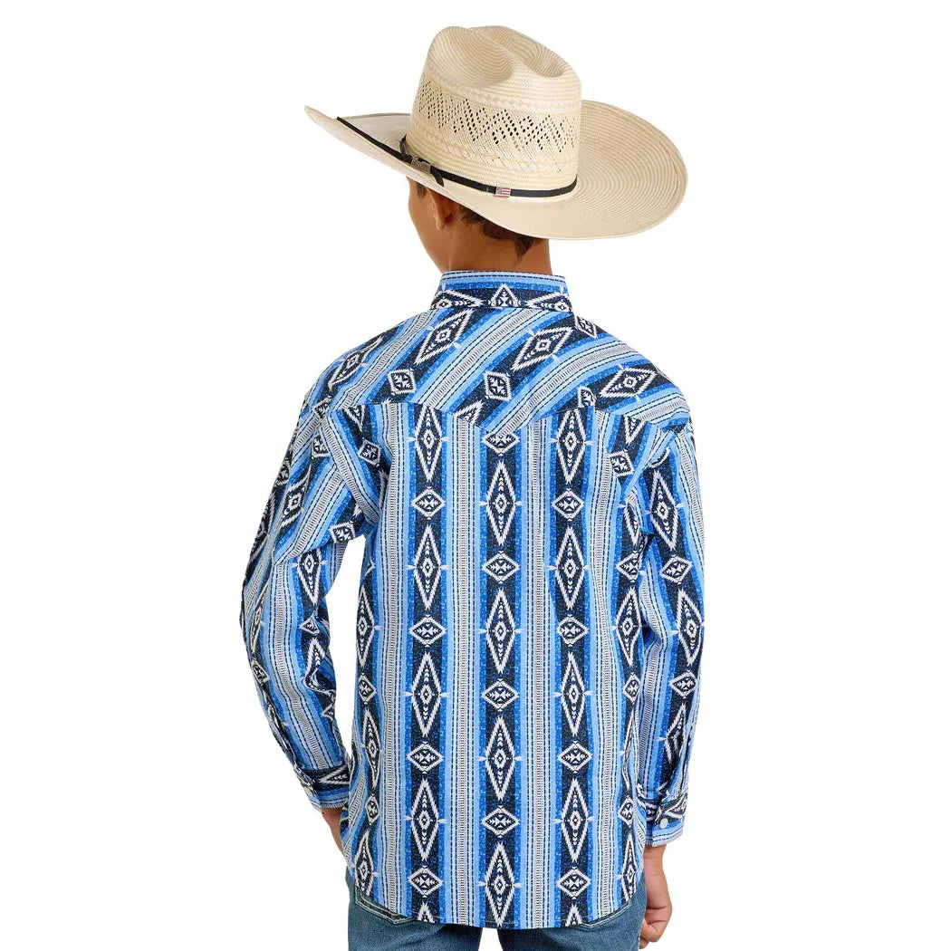 Rock & Roll Boy's Long Sleeve Aztec Stripe Print Snap Shirt- Blue