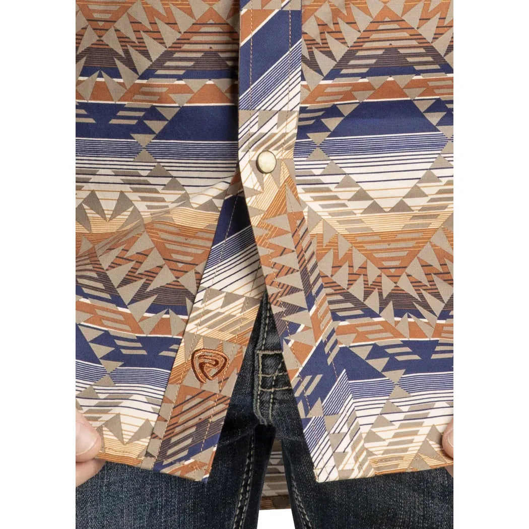 Rock & Roll Men's Long Sleeve Aztec Print Snap Shirt - Tan/Blue Striped