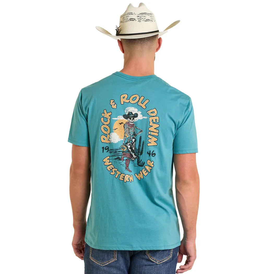 Rock & Roll Men's Short Sleeve Skeleton Graphic Tee- Teal
