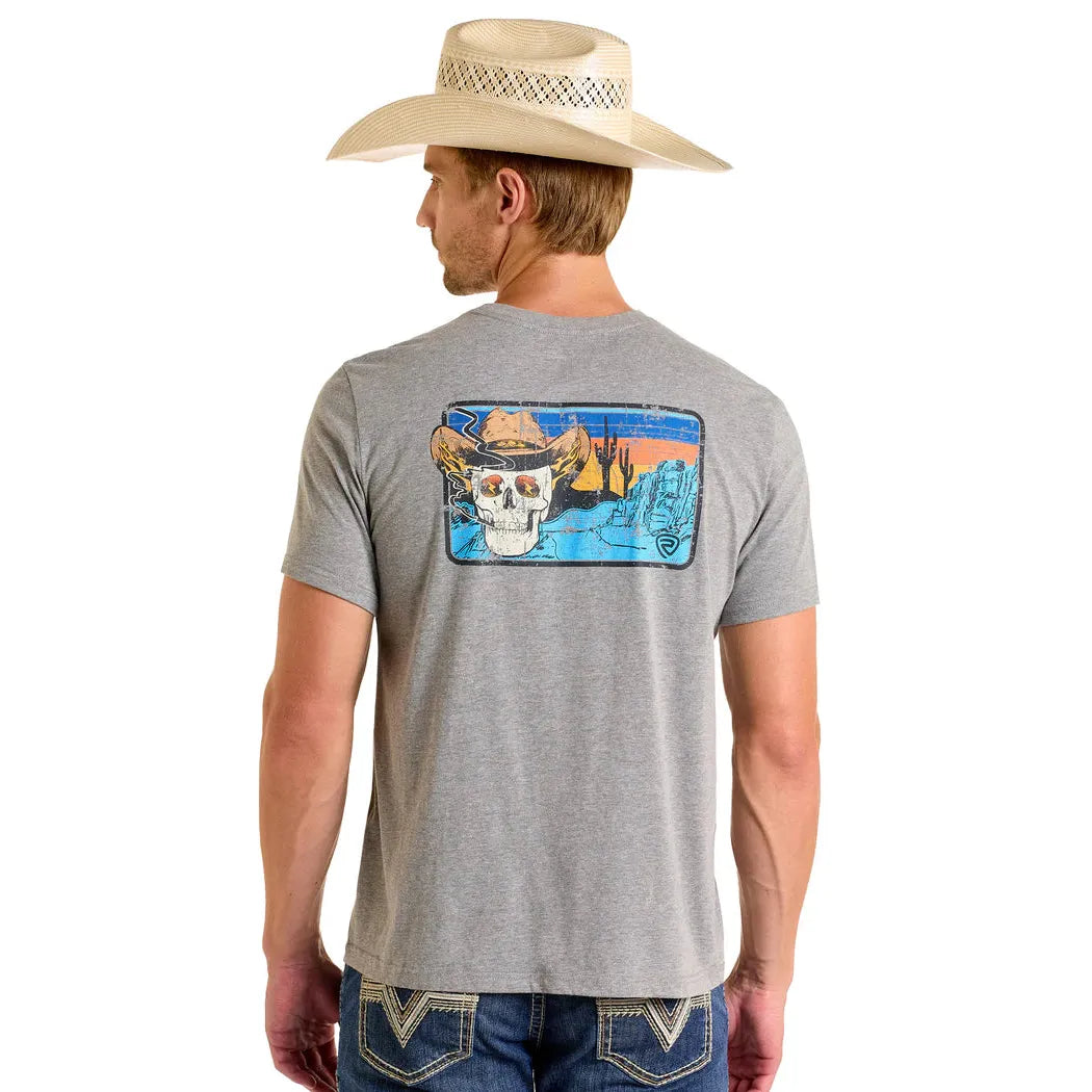 Rock & Roll Men's Short Sleeve Cowboy Skull Graphic Tee Shirt- Grey