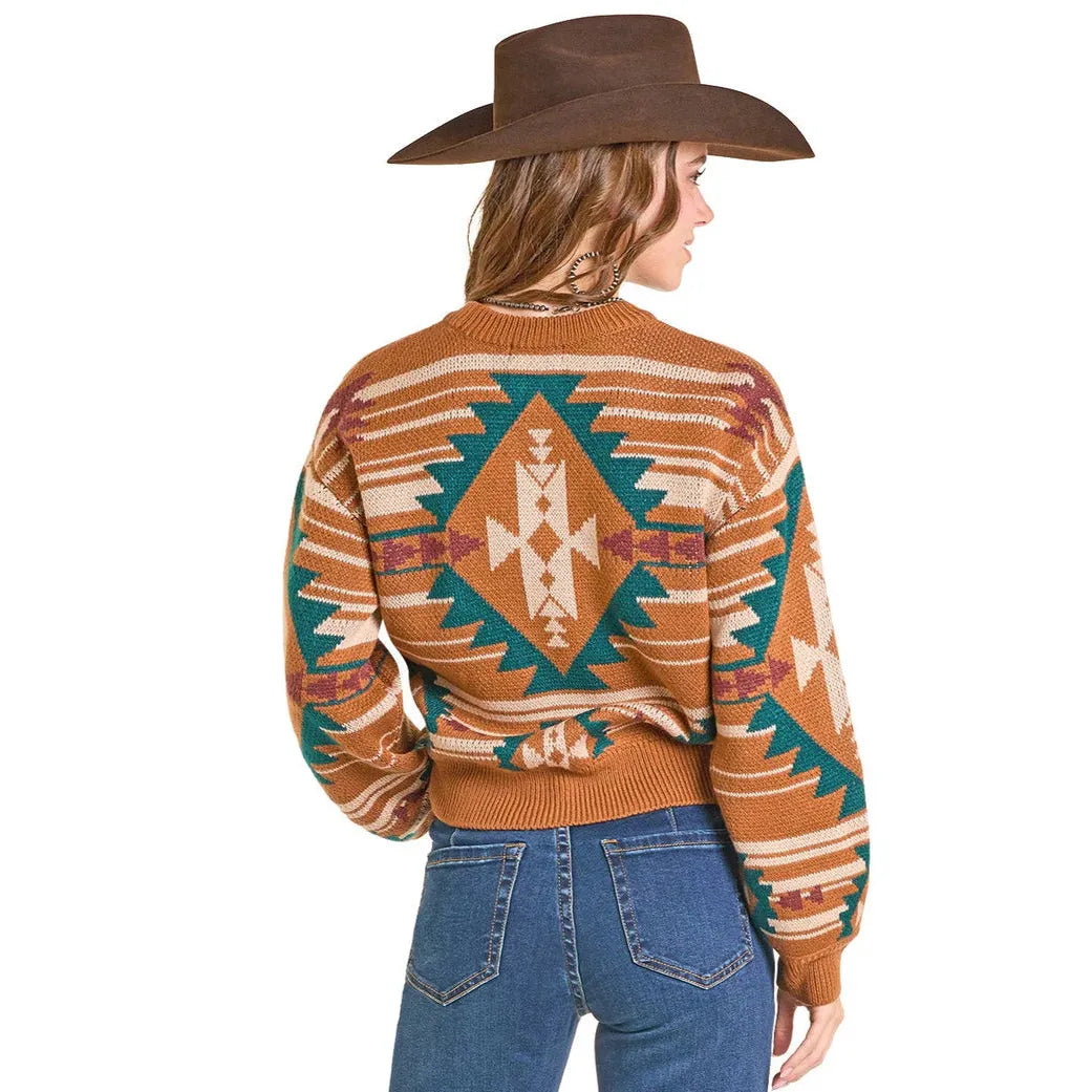 Rock & Roll Women's Aztec Knit Long Sleeve Sweater - Orange