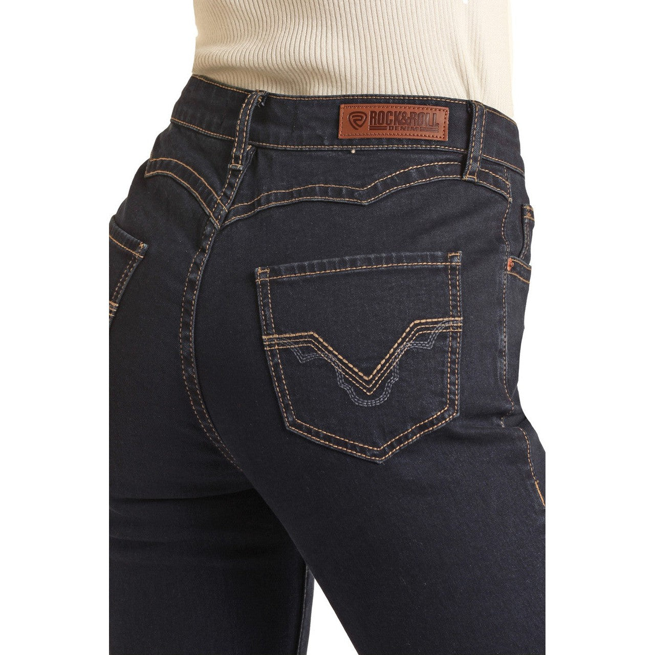 Rock & Roll Women's Mid Rise Stretch Scallop Back Yoke Trouser Jeans - Dark Wash