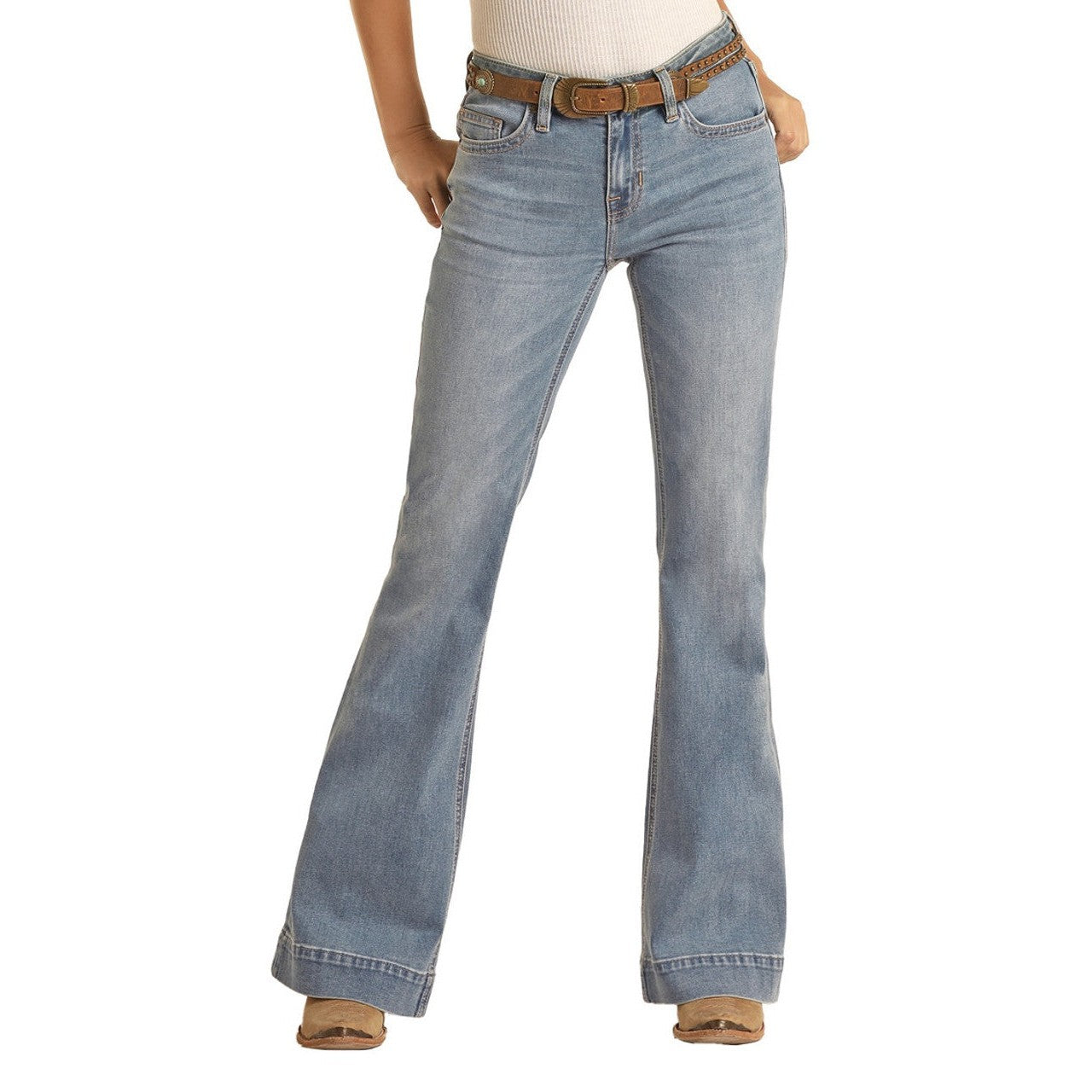Rock & Roll Women's Mid Rise Relaxed Fit Trouser Jeans - Light Wash