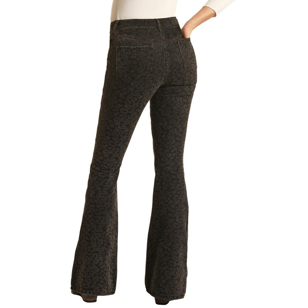 Rock & Roll Women's High Rise Leopard Print Flare Jeans - Black