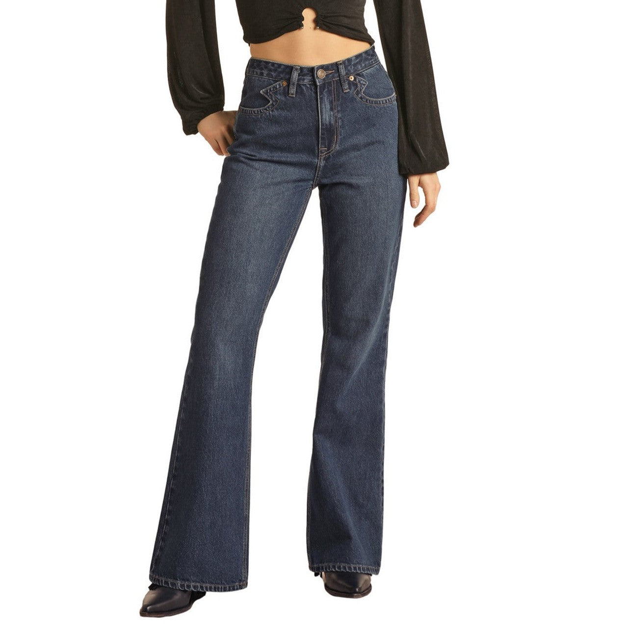 Rock & Roll Women's Yoke Detail High Rise Flare Jeans - Medium Wash