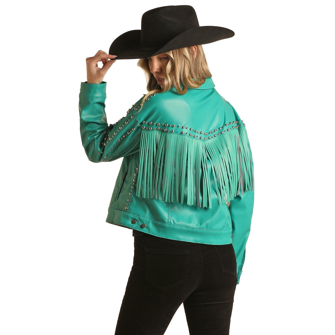 Rock & Roll Women's Studded Leather Fringe Jacket - Peacock
