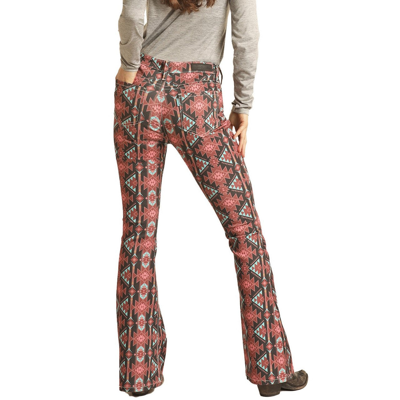 Rock & Roll Hooey Women's Aztec High Rise Extra Stretch Baby Flare Jeans - Pink/Black
