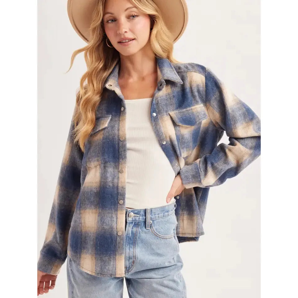Bluivy Women's Long Sleeve Button Down Plaid Shacket- Blue