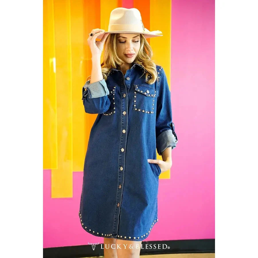 Lucky & Blessed Women's Denim Button-Down Dress w/Vintage Stud Detailing - Blue
