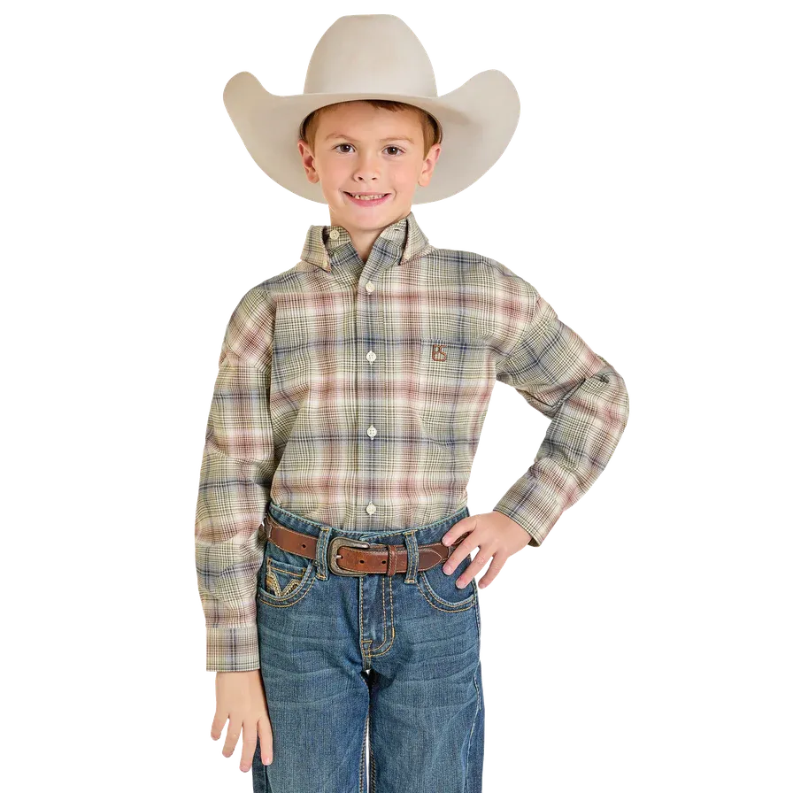 Panhandle Boy's Long Sleeve Slim Button Down Shirt- Taupe / Green Ombre