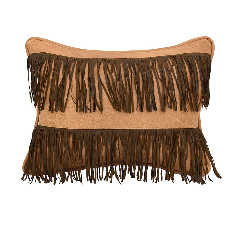 Double Row Fringe Faux Leather Throw Pillow- Tan