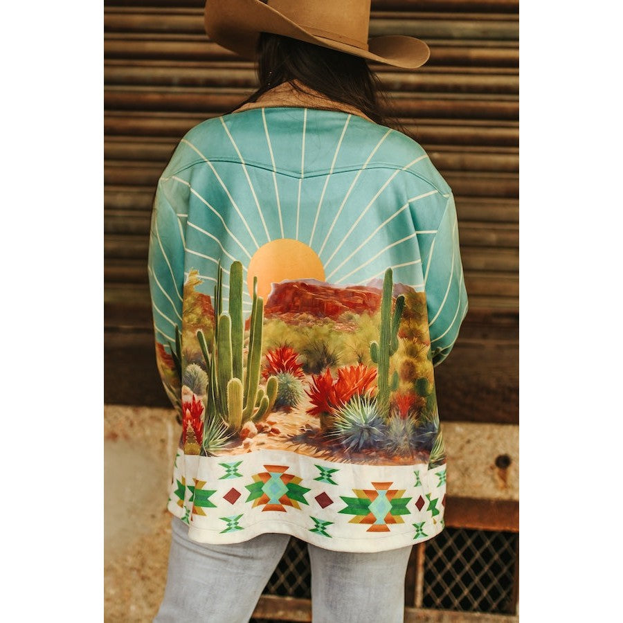 Lucky & Blessed Sunset Cactus Desert Aztec Scene Printed Long Sleeve Shacket
