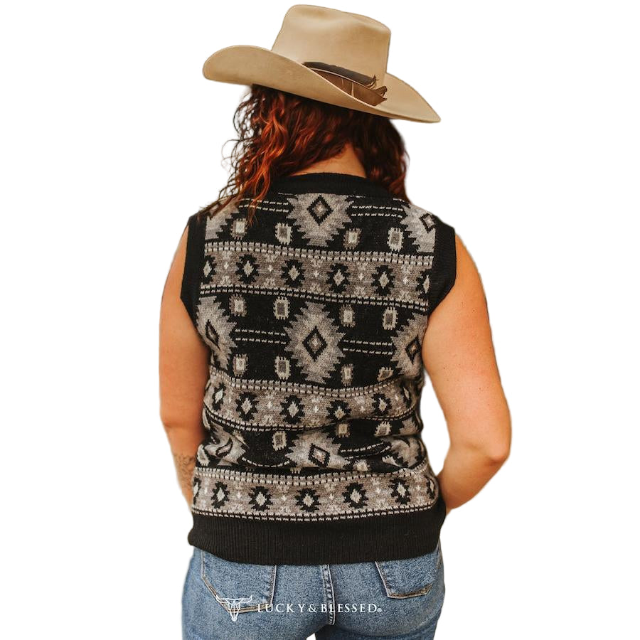 Lucky & Blessed Women's Aztec Knit V Neck Sleeveless Sweater Top- Black
