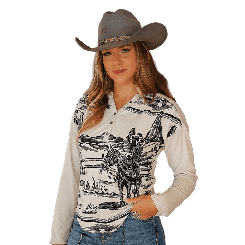 Cinch Women's Long Sleeve Henley Shirt- Cream