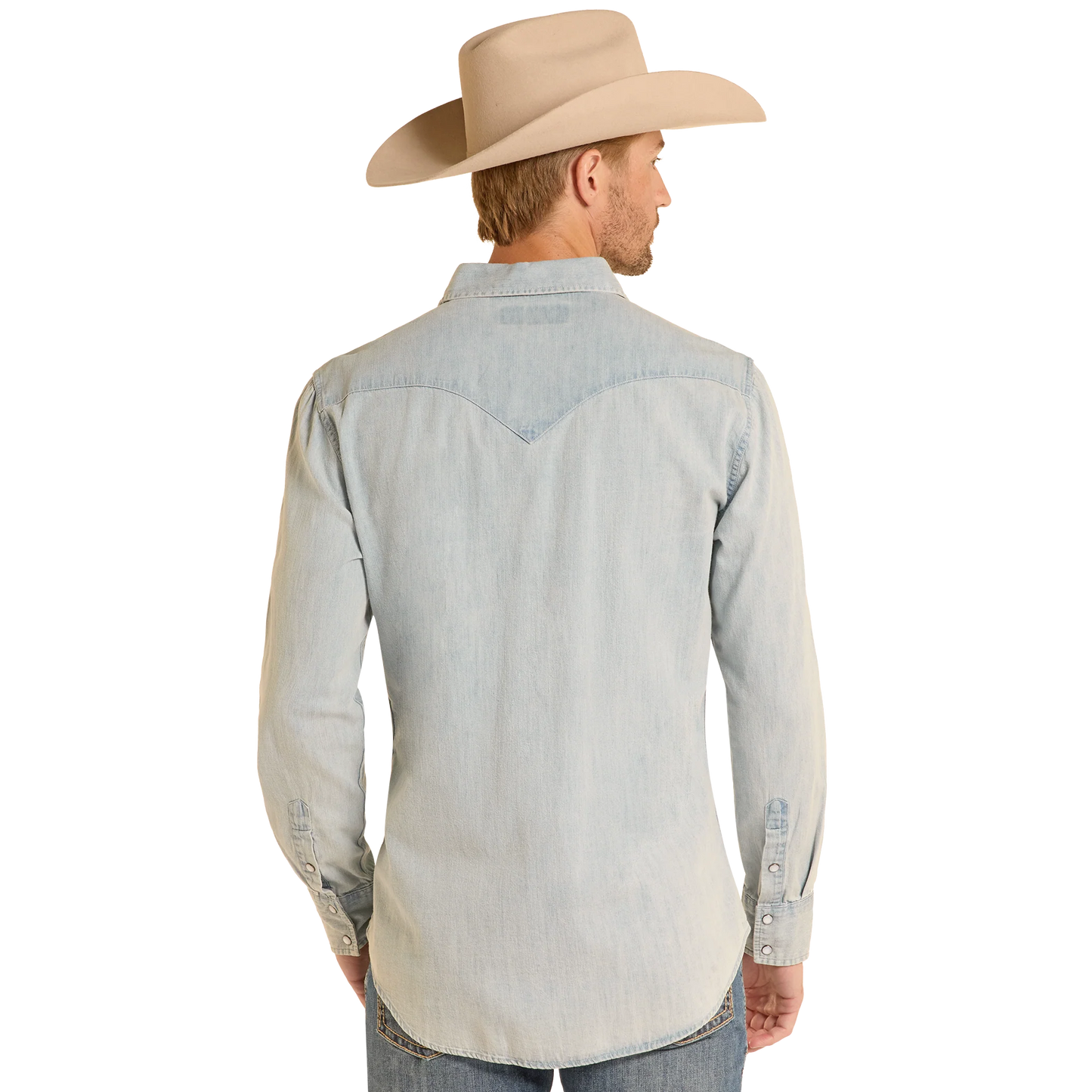 Rock & Roll Men's Long Sleeve Light Denim Solid Snap Shirt- Denim