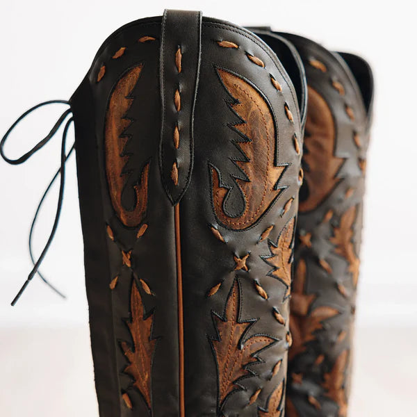 Lane Boots Women's Reverie Knee High Corset Boots- Jet Black/Caramel