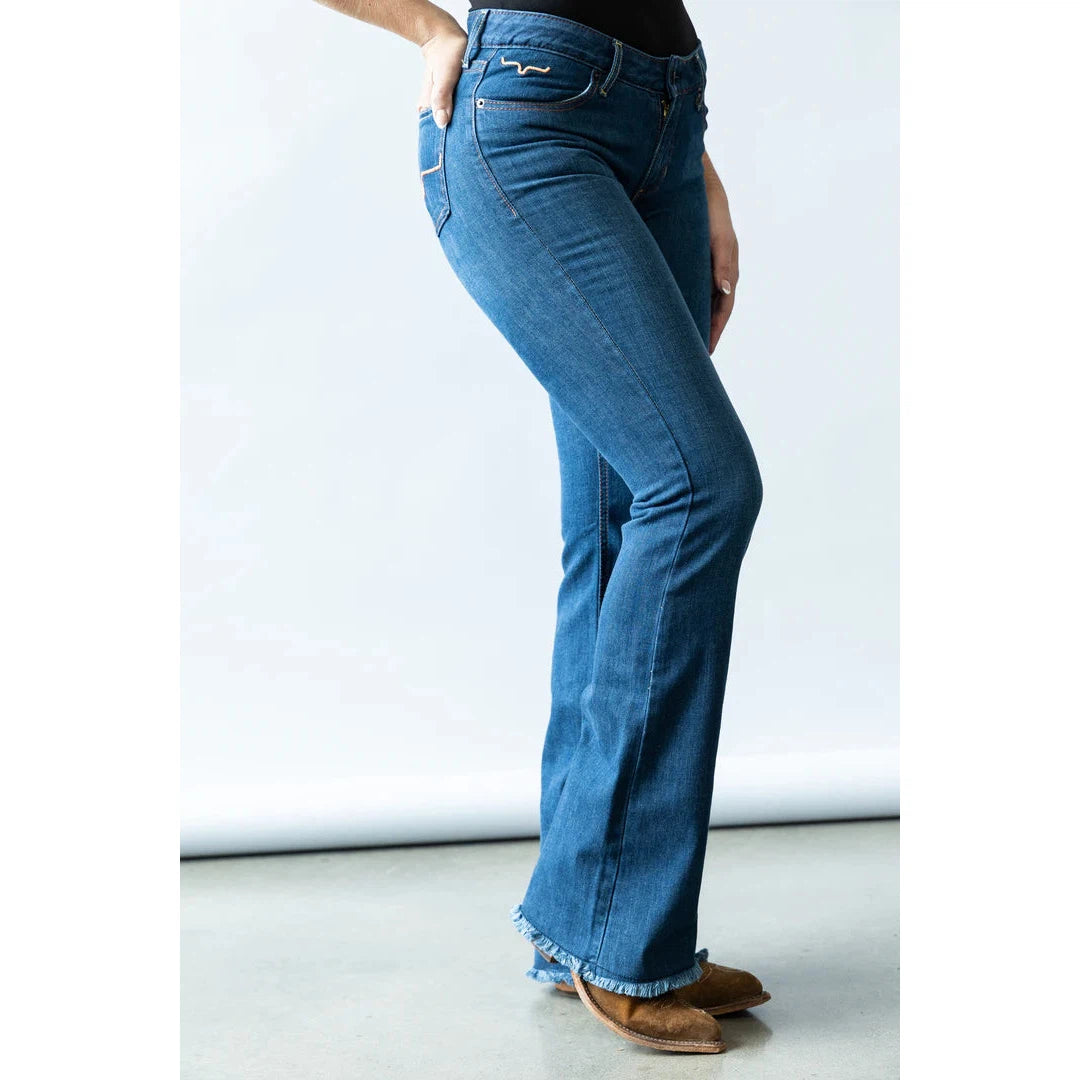 Kimes Women's Lola Raw Hem Mid Rise Trouser Jeans - Blue