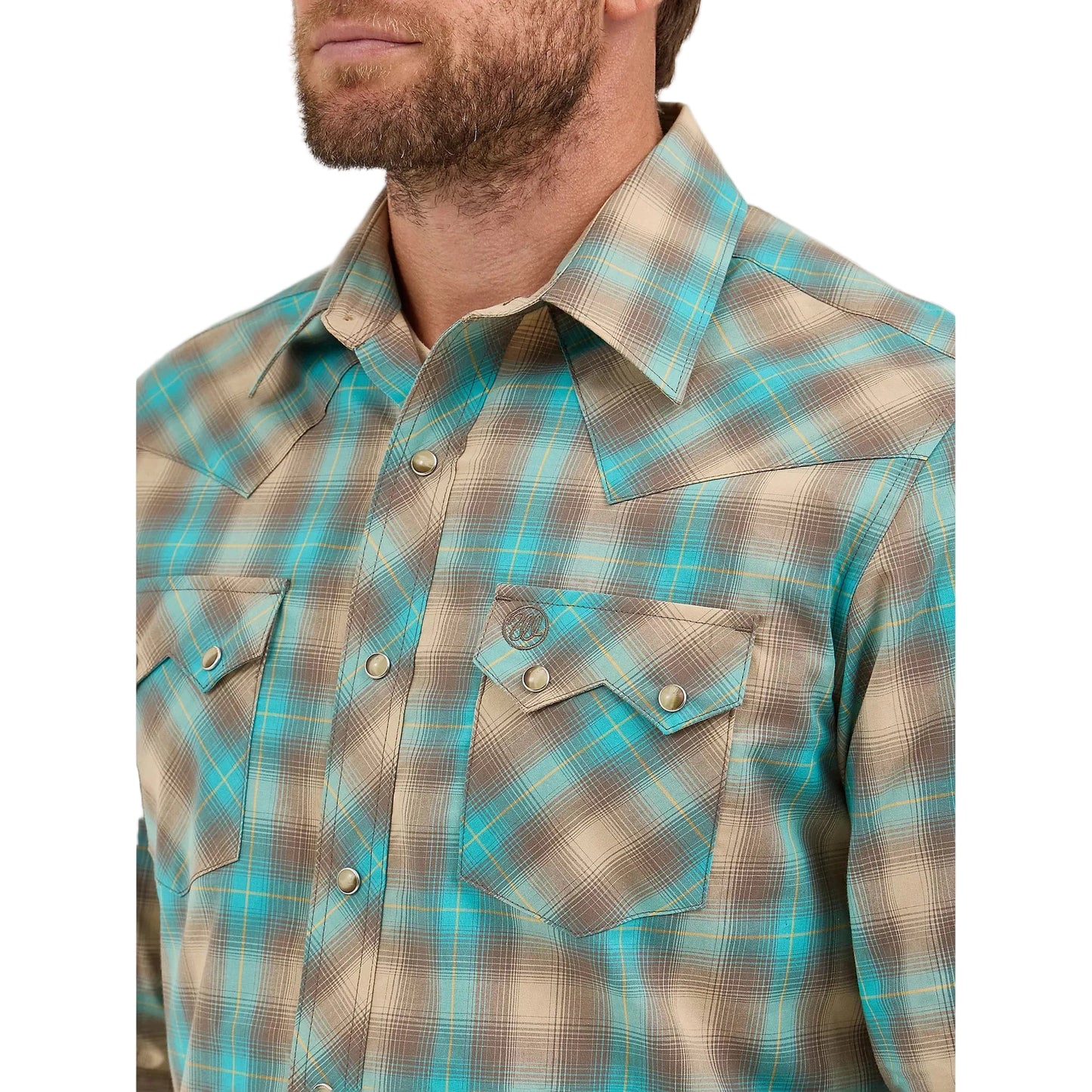 Wrangler Men's Retro Western Sawtooth Snap Pocket Long Sleeve Shirt - Tan/Aqua