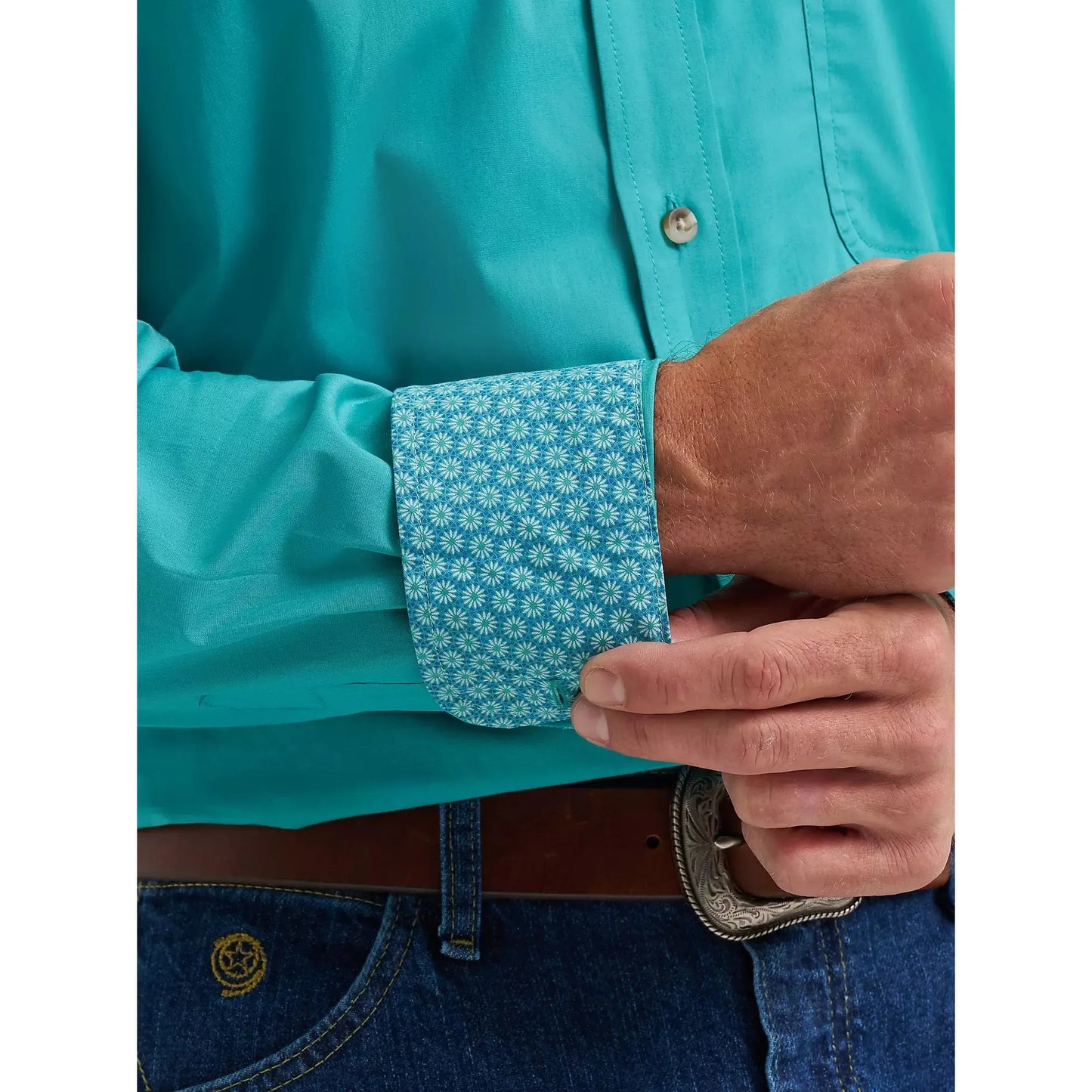 Wrangler Men's George Strait Solid One Pocket Button Down Long Sleeve Shirt - Aqua