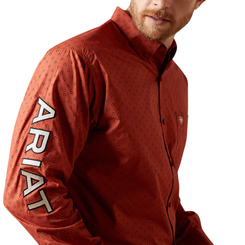 Ariat Men's Team Porter Classic Fit Long Sleeve Shirt - Brick Red/Beige