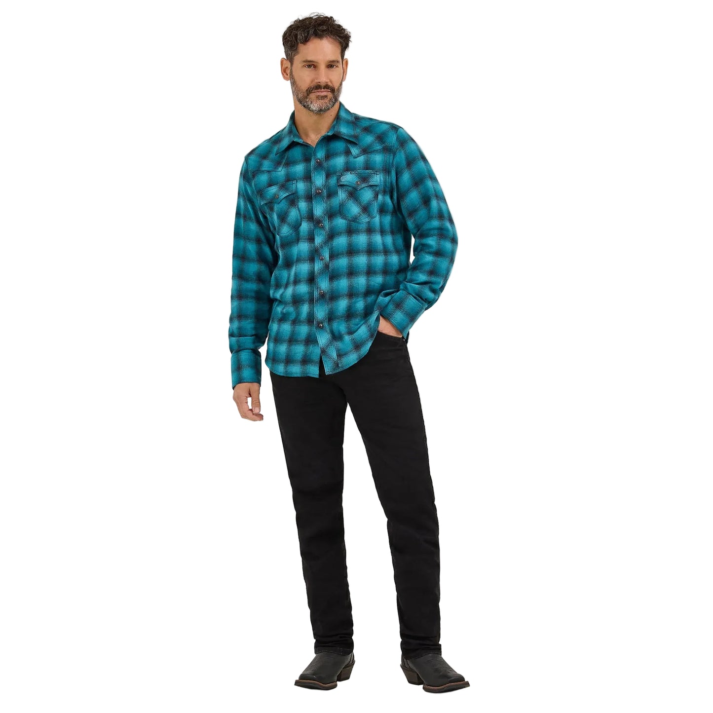 Wrangler Men's Retro Long Sleeve Western Snap Plaid Flannel Shirt - Turquoise Buffalo